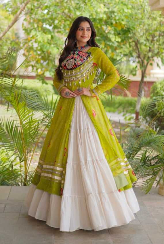Parrot Pure Faux Georgette Bandhej Print with Kutchi Patchwork Navratri Gown