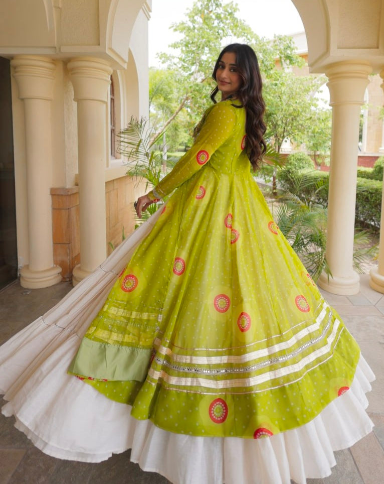Parrot Pure Faux Georgette Bandhej Print with Kutchi Patchwork Navratri Gown