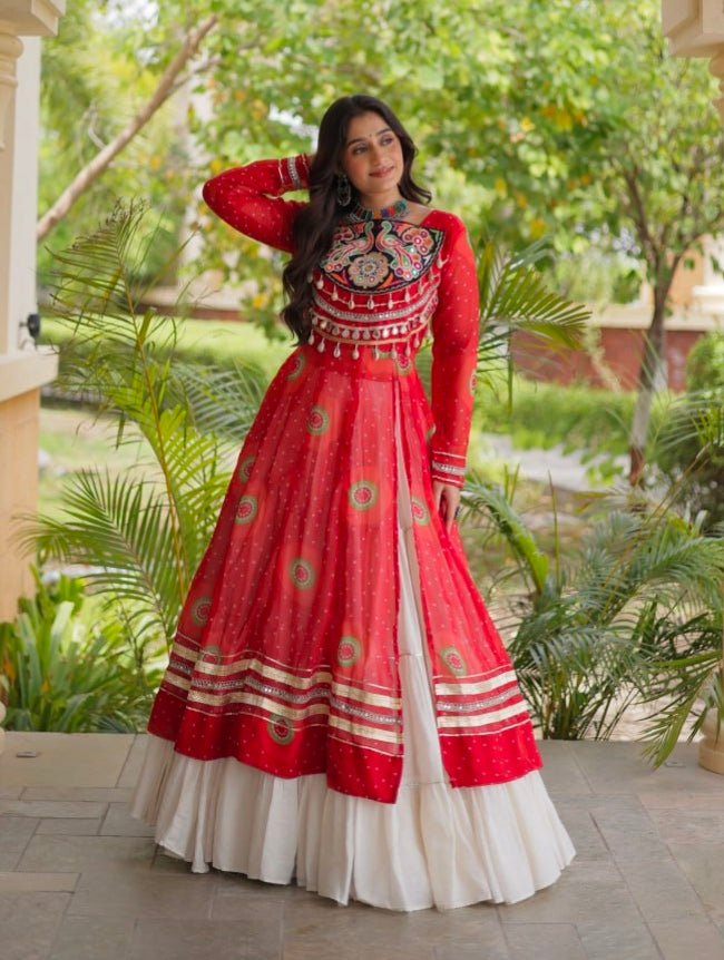 Red Pure Faux Georgette Bandhej Print with Kutchi Patchwork Navratri Gown