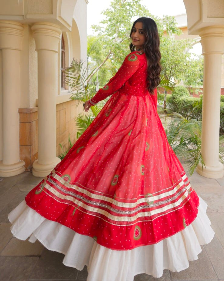 Red Pure Faux Georgette Bandhej Print with Kutchi Patchwork Navratri Gown