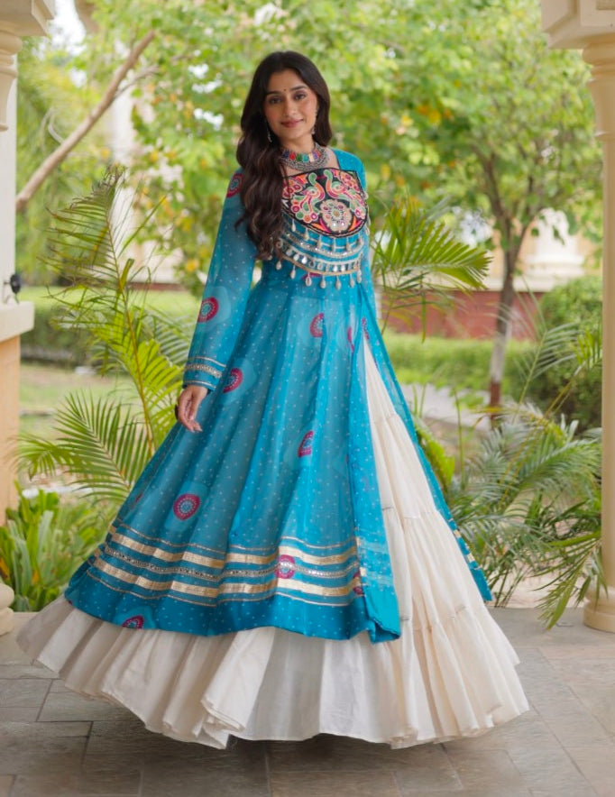 Sky Pure Faux Georgette Bandhej Print with Kutchi Patchwork Navratri Gown