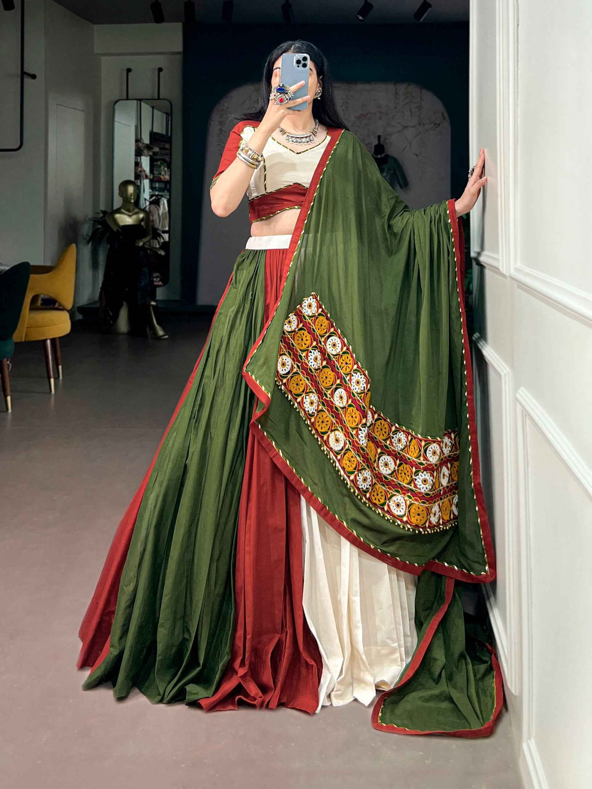 Multi Pure Cotton Silk Gamthi Work Navratri Lehenga Choli
