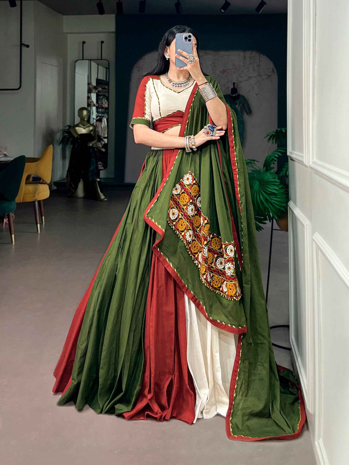 Multi Pure Cotton Silk Gamthi Work Navratri Lehenga Choli