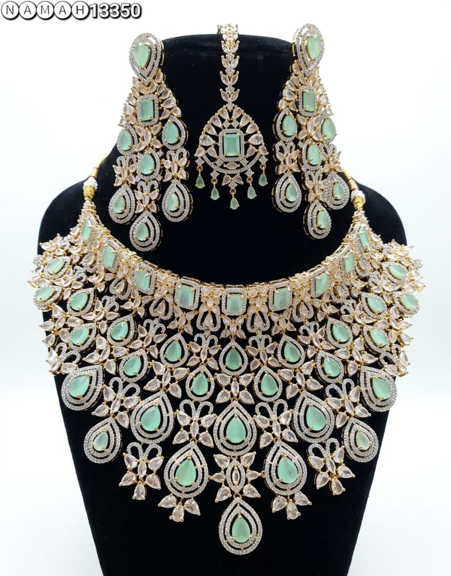 Mint White American Diamond Design Necklace Jewellery Set