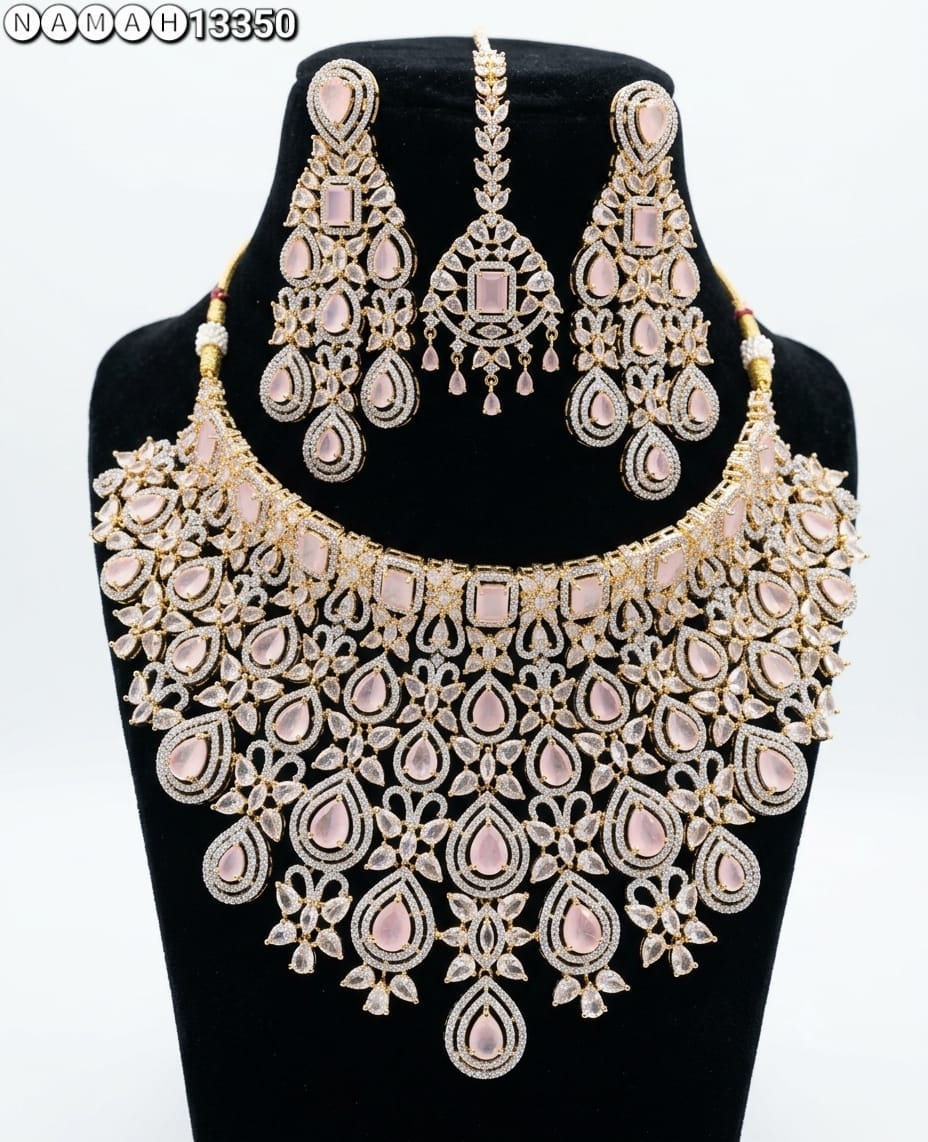 Pink American Diamond Design Necklace Jewellery Set