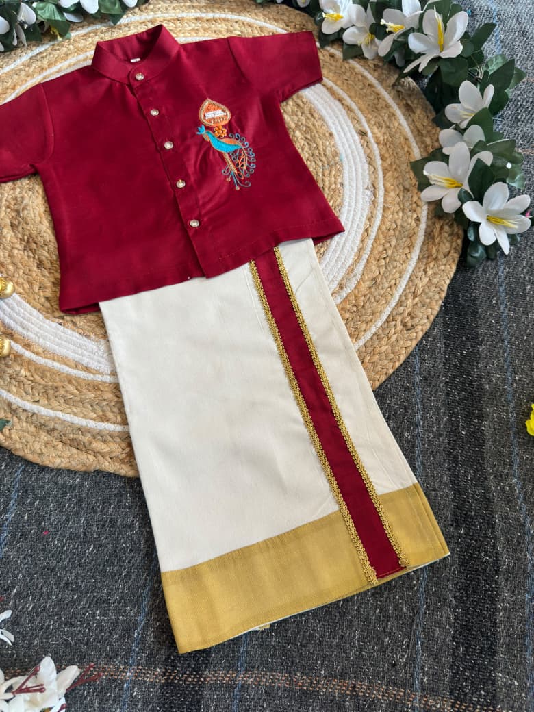 Maroon Onam Wear Kids Shirt Mundu Set with Maggam Work Kid&