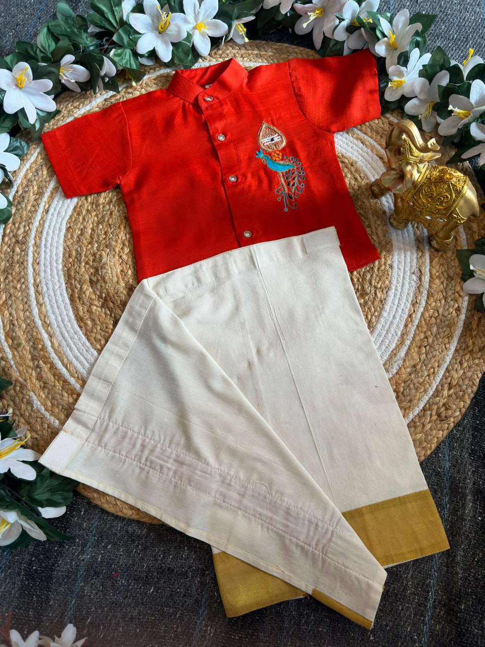 Orange Onam Wear Kids Shirt Mundu Set with Maggam Work Kid&