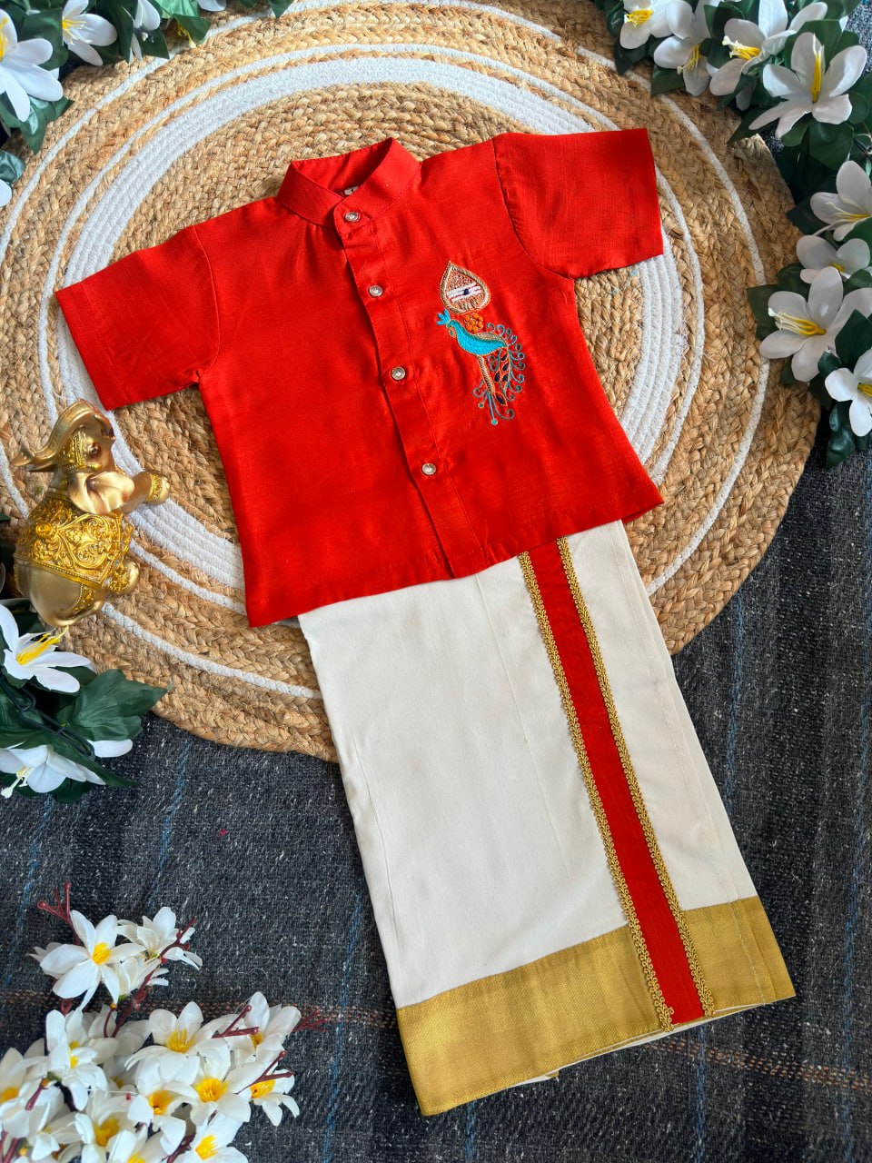 Orange Onam Wear Kids Shirt Mundu Set with Maggam Work Kid&