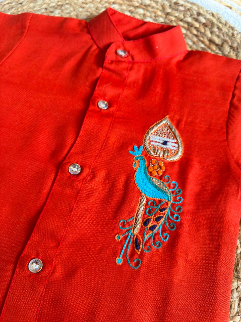 Orange Onam Wear Kids Shirt Mundu Set with Maggam Work Kid&
