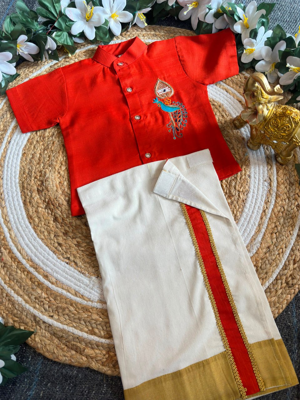 Orange Onam Wear Kids Shirt Mundu Set with Maggam Work Kid&