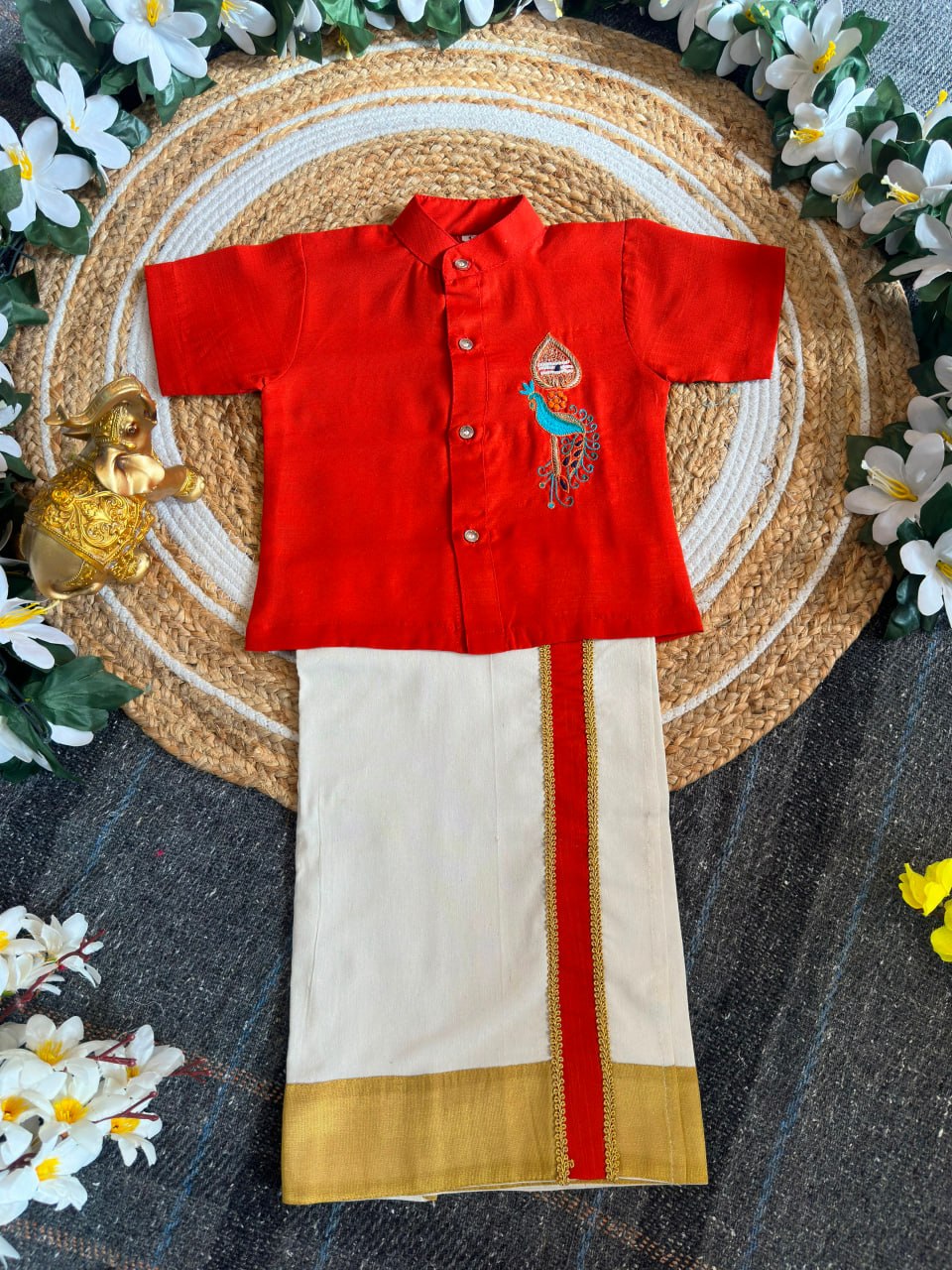 Orange Onam Wear Kids Shirt Mundu Set with Maggam Work Kid&