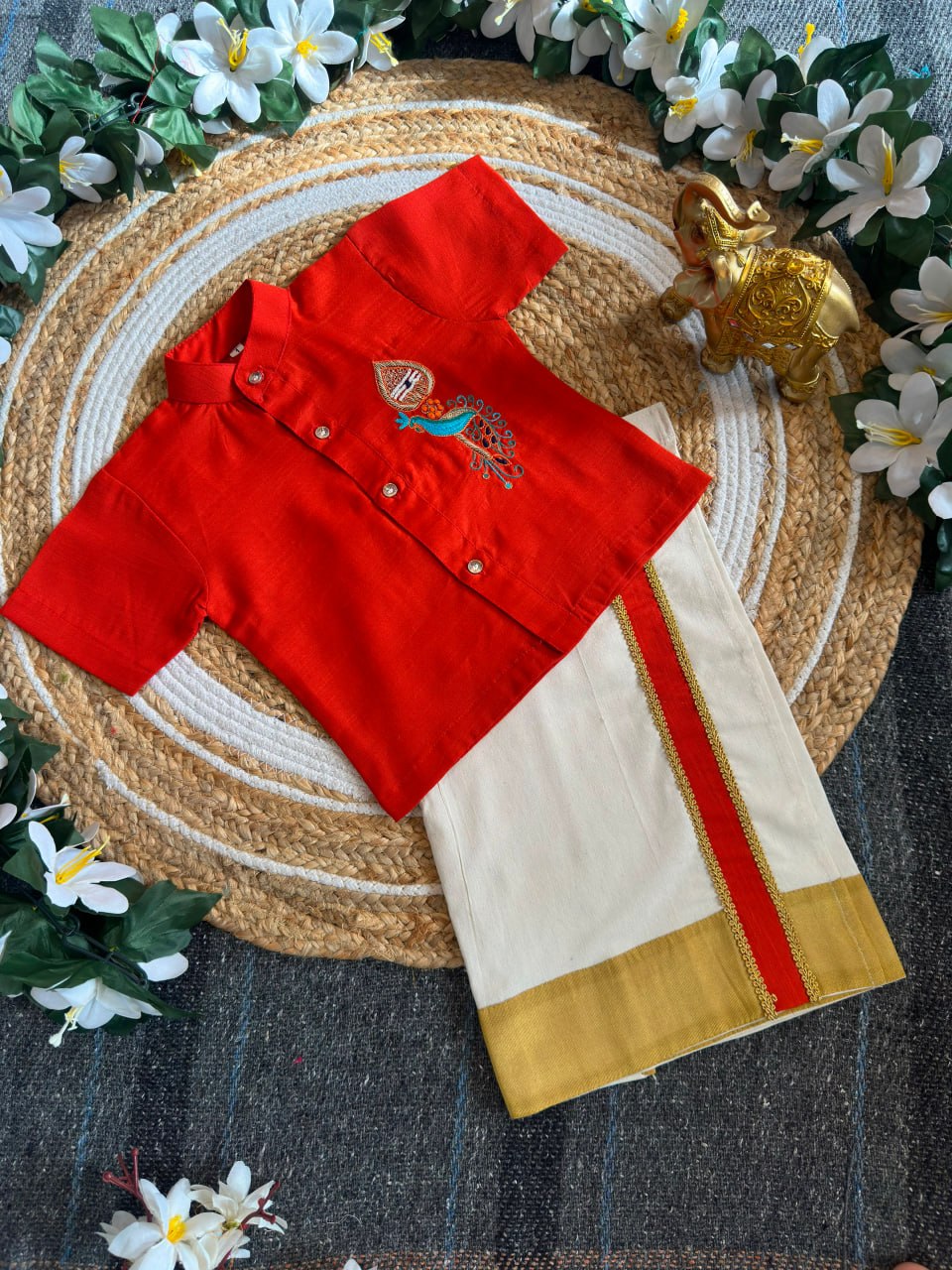 Orange Onam Wear Kids Shirt Mundu Set with Maggam Work Kid&