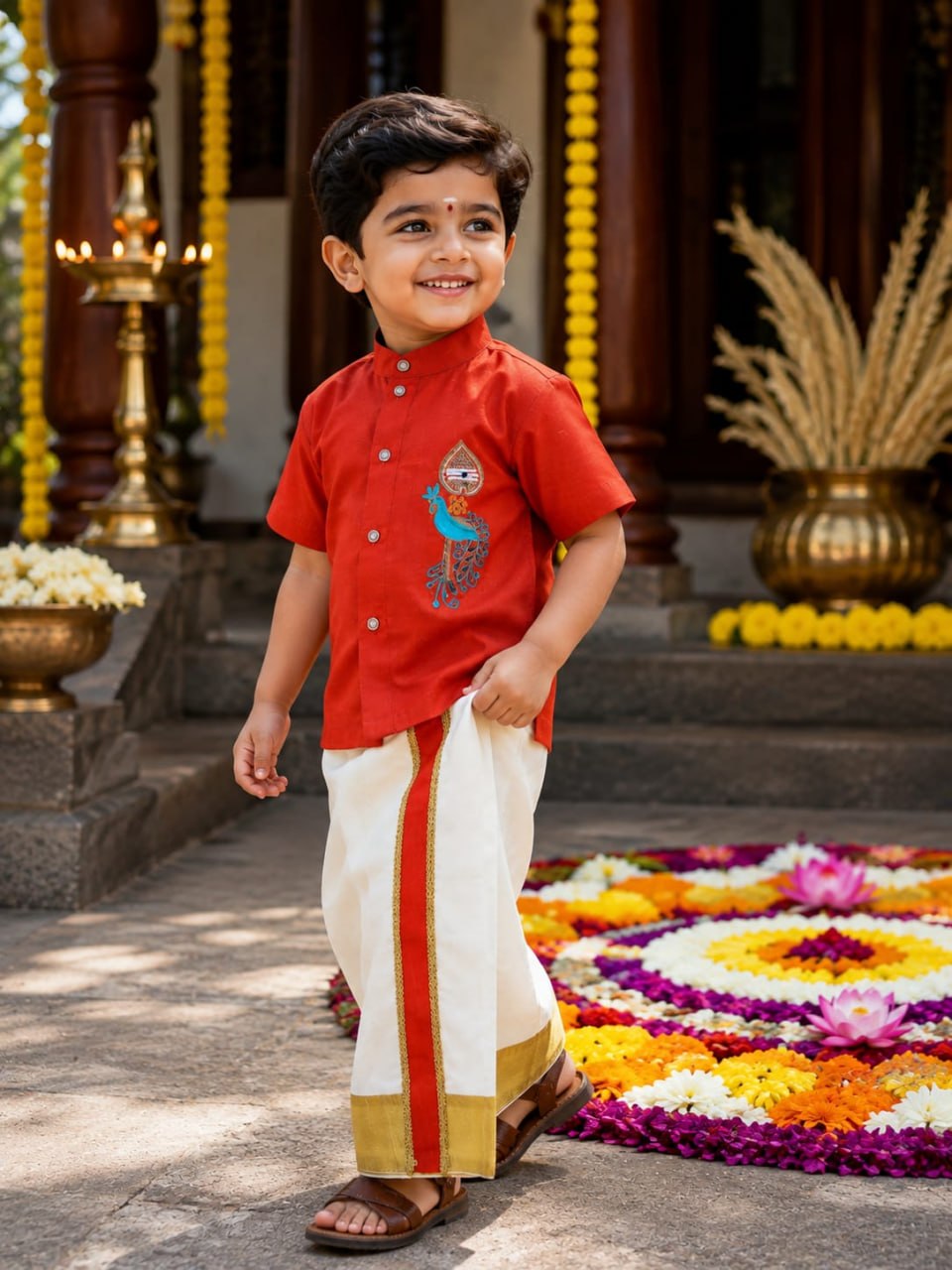 Orange Onam Wear Kids Shirt Mundu Set with Maggam Work Kid&