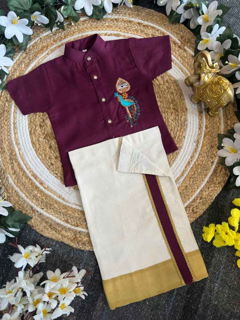 Purple Onam Wear Kids Shirt Mundu Set with Maggam Work Kid&