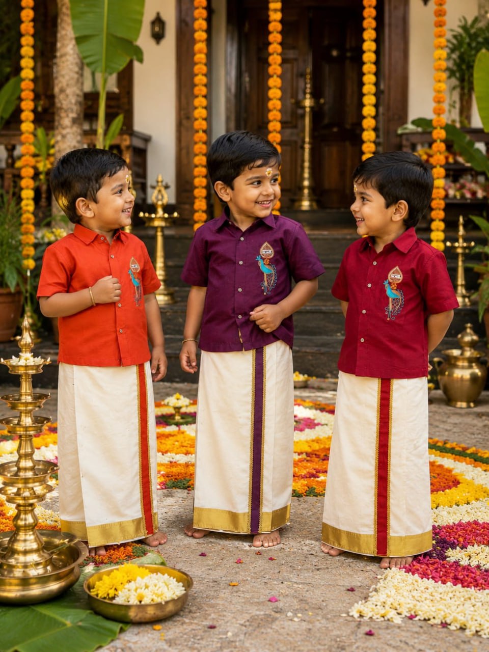 Maroon Onam Wear Kids Shirt Mundu Set with Maggam Work Kid&