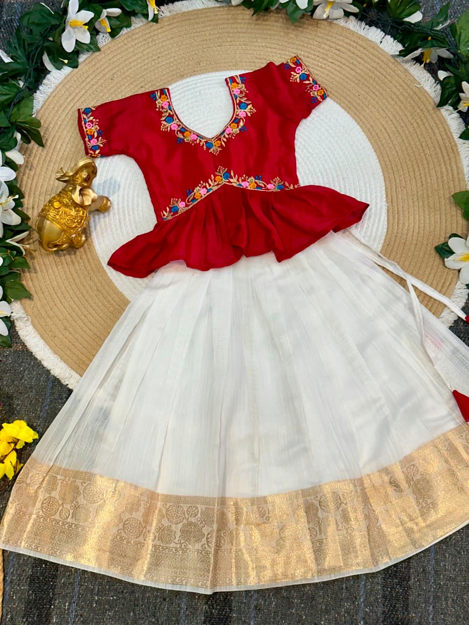 Red Pure Chinnon Silk Floral Embroidery Work Kids Lehenga Choli