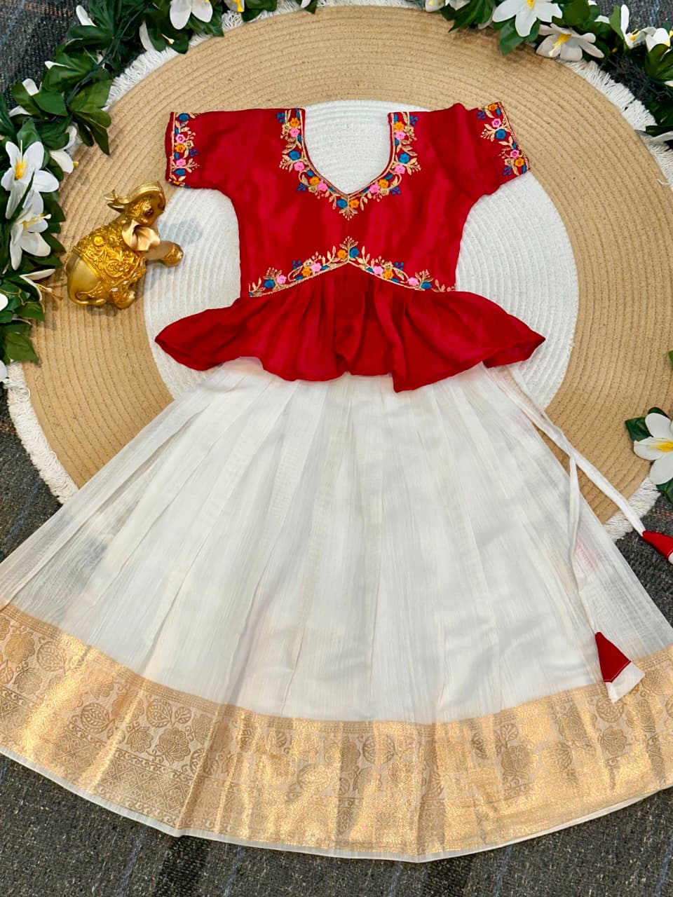 Red Pure Chinnon Silk Floral Embroidery Work Kids Lehenga Choli