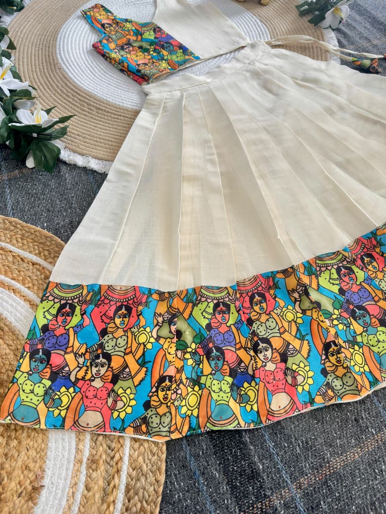 Cream Pure Premium Silk Traditional Kerala Kathakali Digital Print Kids Lehenga Choli