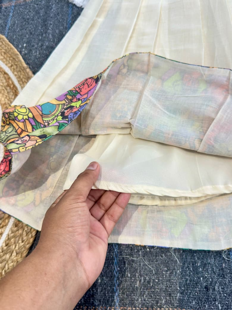 Cream Pure Premium Silk Traditional Kerala Kathakali Digital Print Kids Lehenga Choli
