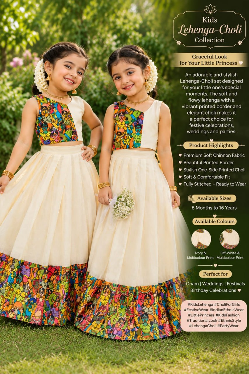 Cream Pure Premium Silk Traditional Kerala Kathakali Digital Print Kids Lehenga Choli