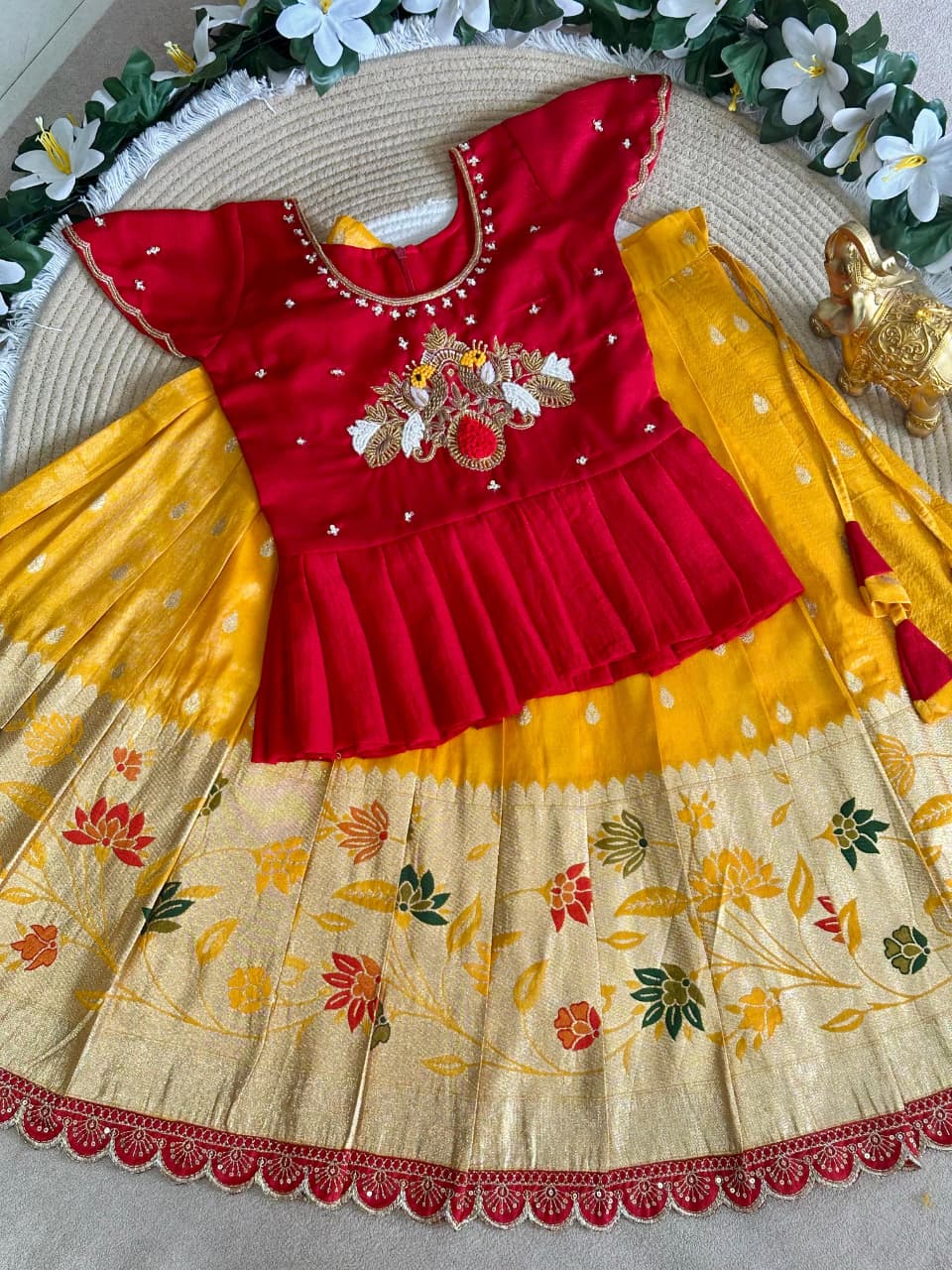Yellow Pure Pure Viscose Tissue Work Kids Lehenga Choli