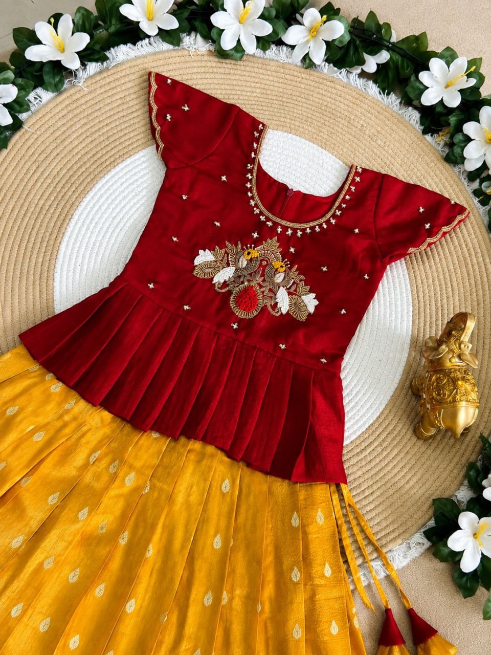 Yellow Pure Pure Viscose Tissue Work Kids Lehenga Choli
