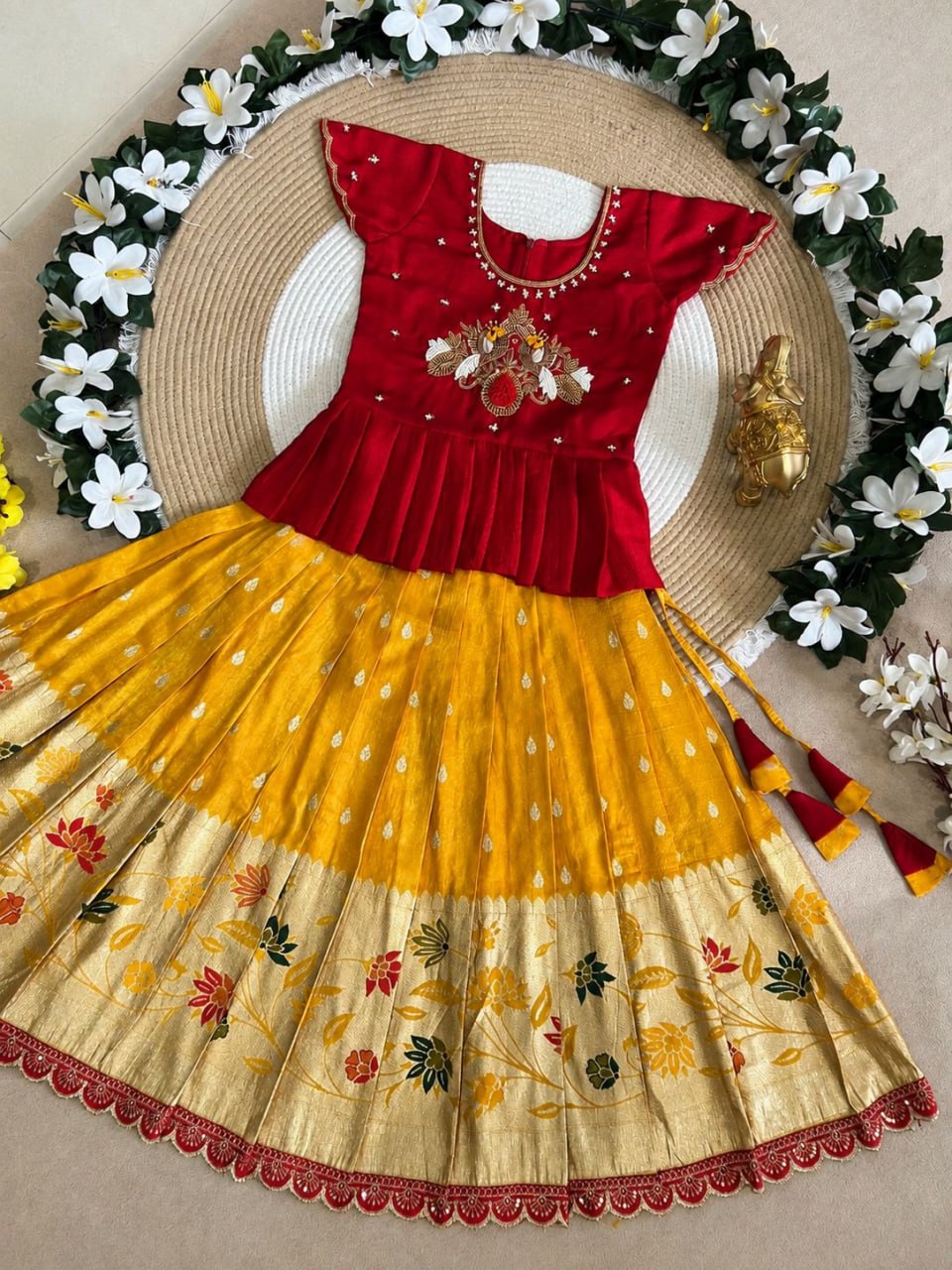 Yellow Pure Pure Viscose Tissue Work Kids Lehenga Choli