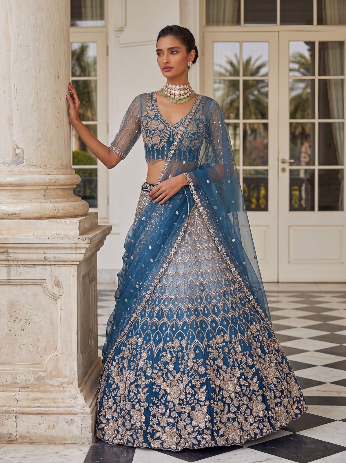 Blue Pure Heavy Net Motif Handwork Zari Sequins Work Bridal Lehenga Choli
