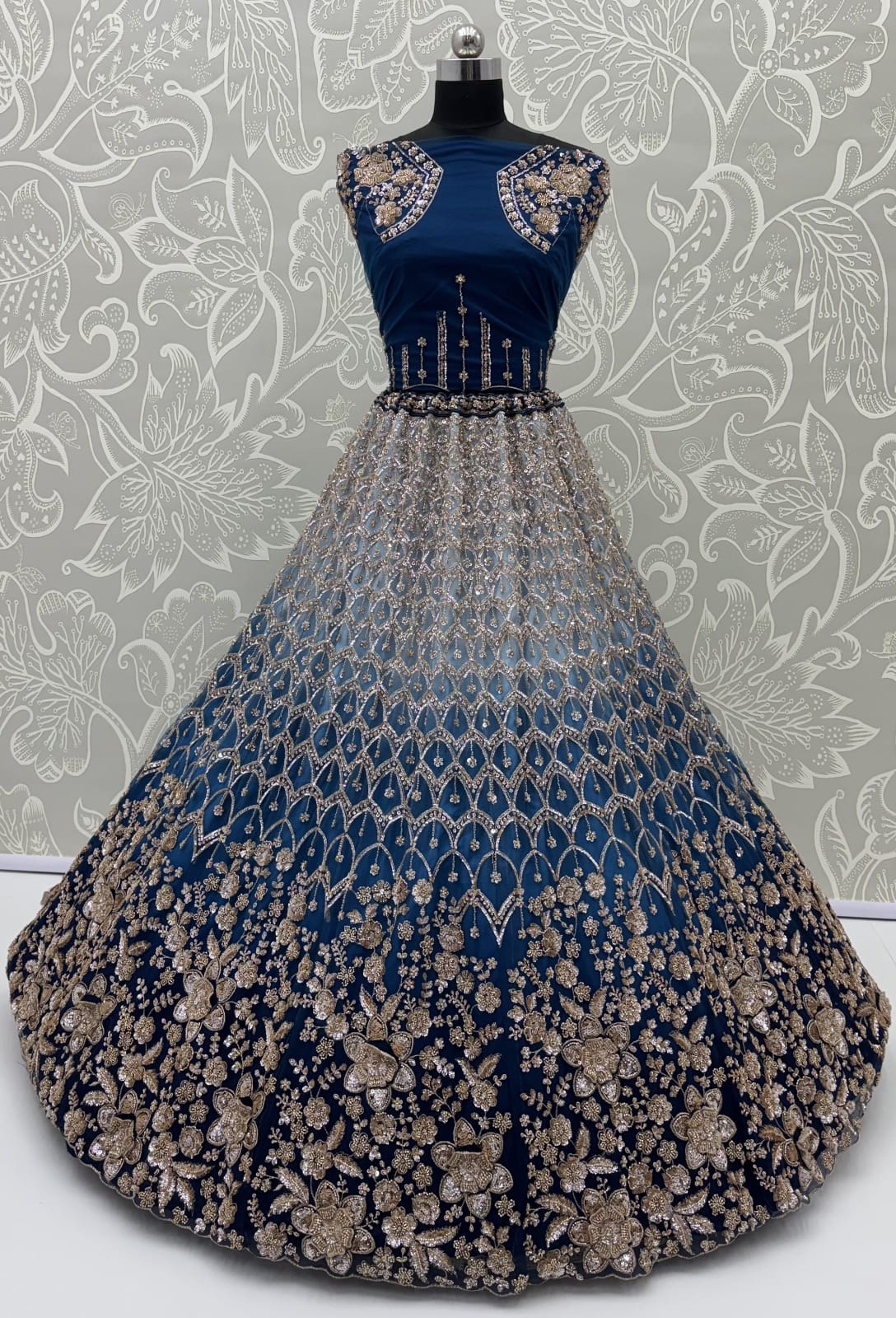 Blue Pure Heavy Net Motif Handwork Zari Sequins Work Bridal Lehenga Choli