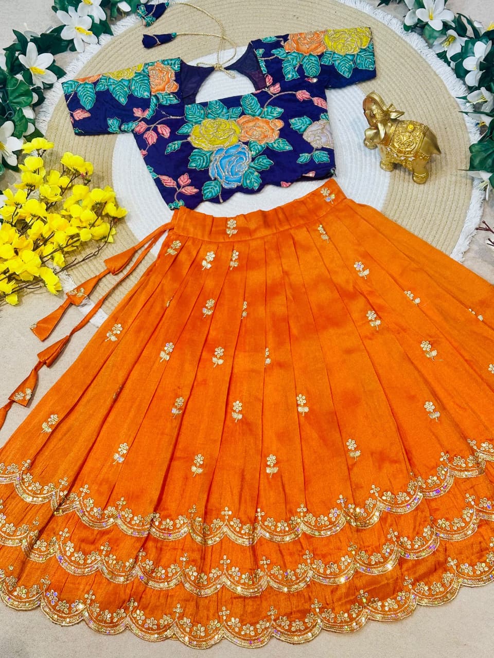 Orange Pure Viscose Tissue Rainbow Work Embroidery Kid&