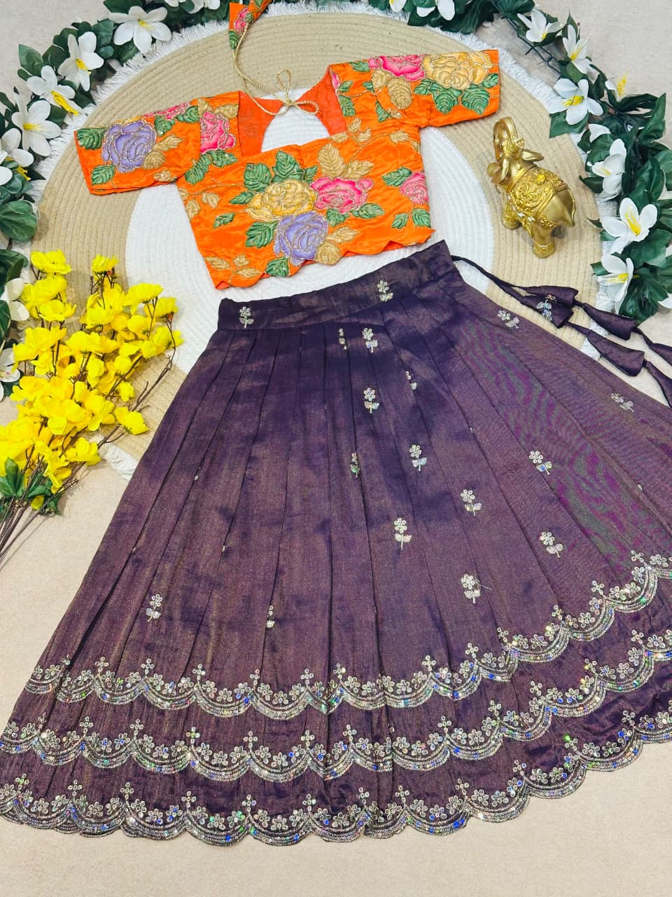 Purple Pure Viscose Tissue Rainbow Work Embroidery Kid&
