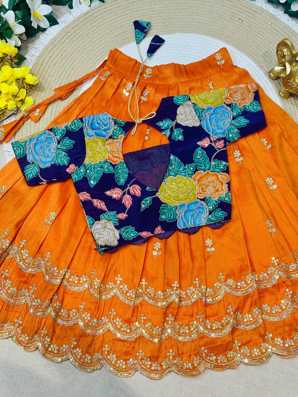 Orange Pure Viscose Tissue Rainbow Work Embroidery Kid&