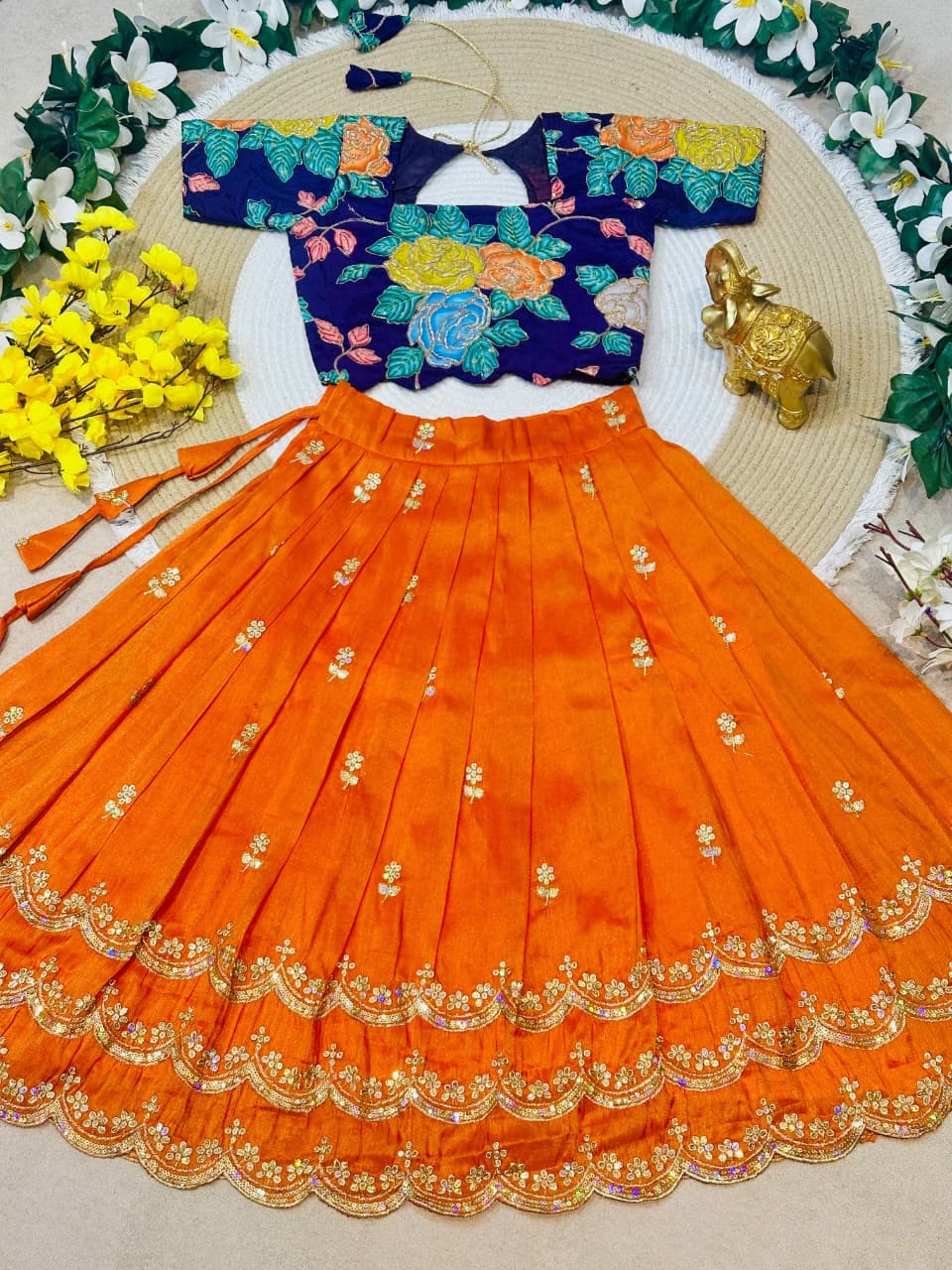 Orange Pure Viscose Tissue Rainbow Work Embroidery Kid&