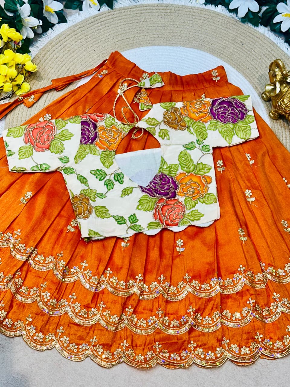 Orange Pure Viscose Tissue Rainbow Work Embroidery Kid&