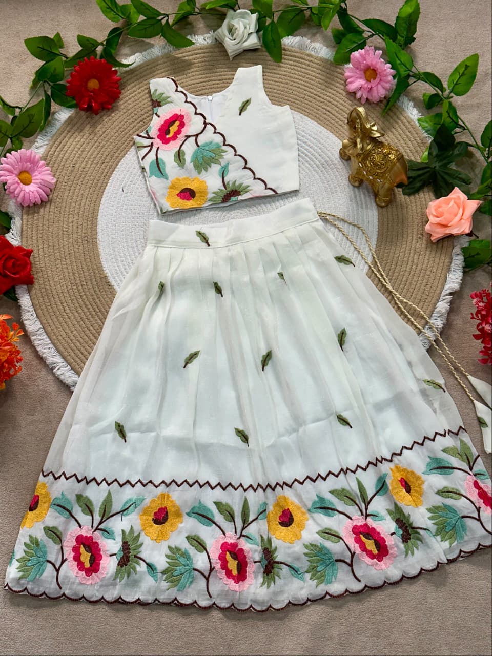 White Pure Premium Crunchy Silk Work Floral Embroidery Kid&