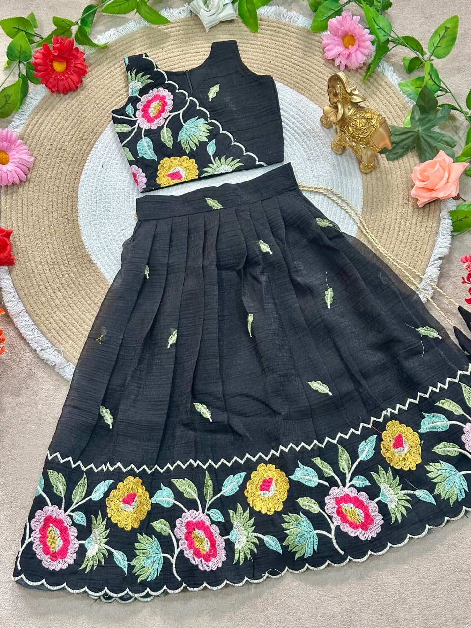 Black Pure Premium Crunchy Silk Work Floral Embroidery Kid&