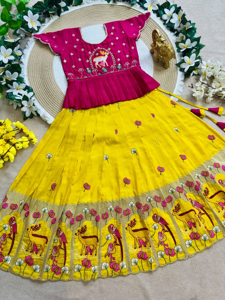 Yellow Pure Vichitra Silk with Hand Embroidery & Kat-Dana Work Kid&