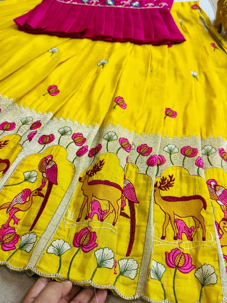 Yellow Pure Vichitra Silk with Hand Embroidery & Kat-Dana Work Kid&