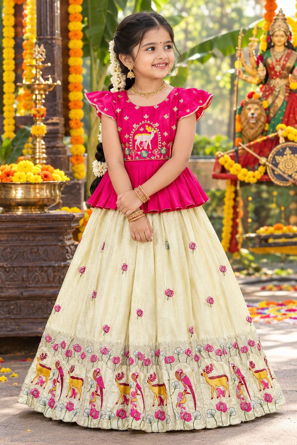 White Pure Vichitra Silk with Hand Embroidery & Kat-Dana Work Kid&