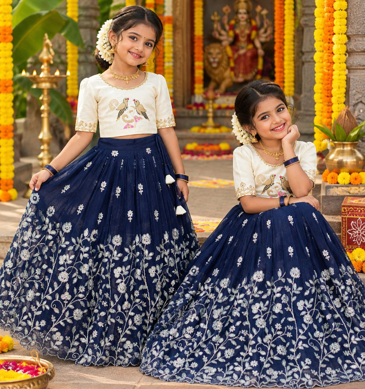 Navy Blue Pure Elegant Floral & Silky Thread Embroidery Work Kid&