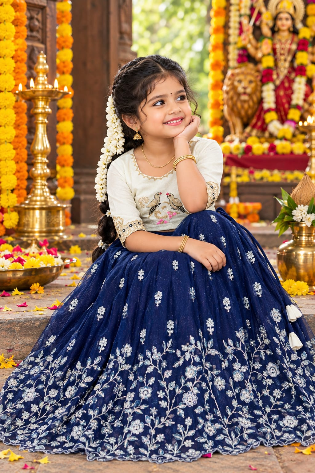 Navy Blue Pure Elegant Floral & Silky Thread Embroidery Work Kid&