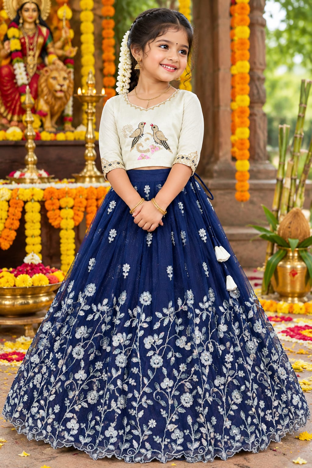 Navy Blue Pure Elegant Floral & Silky Thread Embroidery Work Kid&