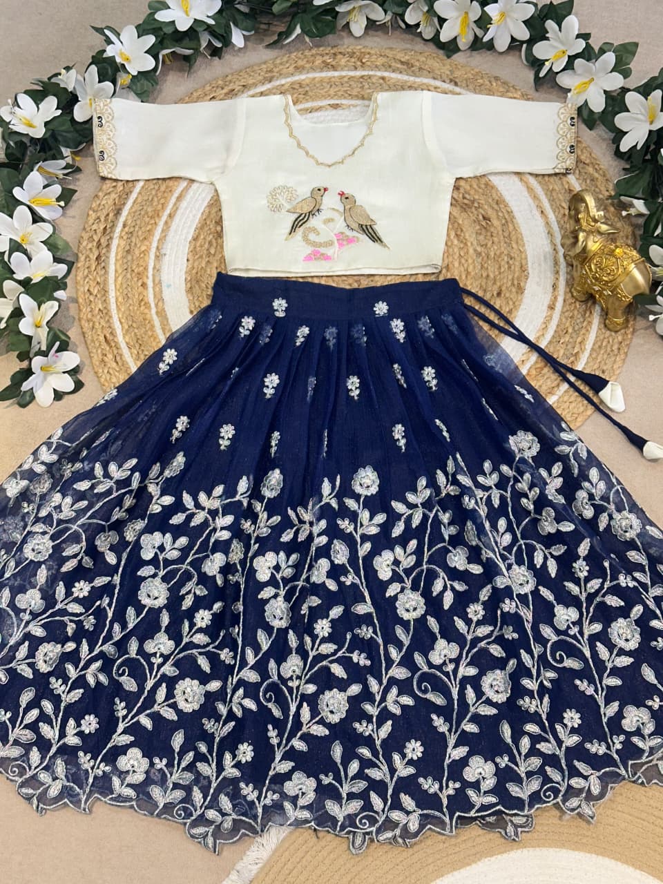 Navy Blue Pure Elegant Floral & Silky Thread Embroidery Work Kid&