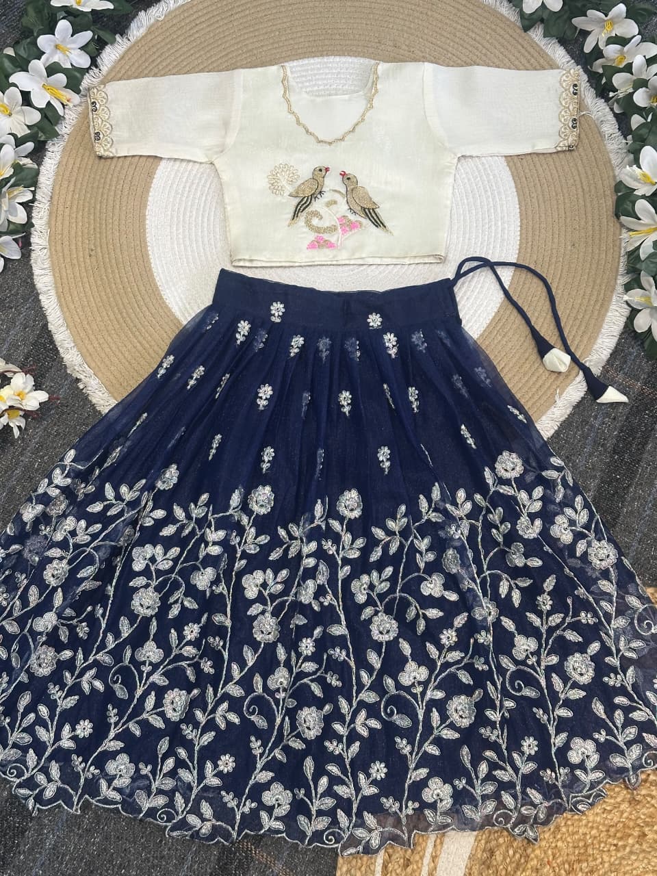 Navy Blue Pure Elegant Floral & Silky Thread Embroidery Work Kid&