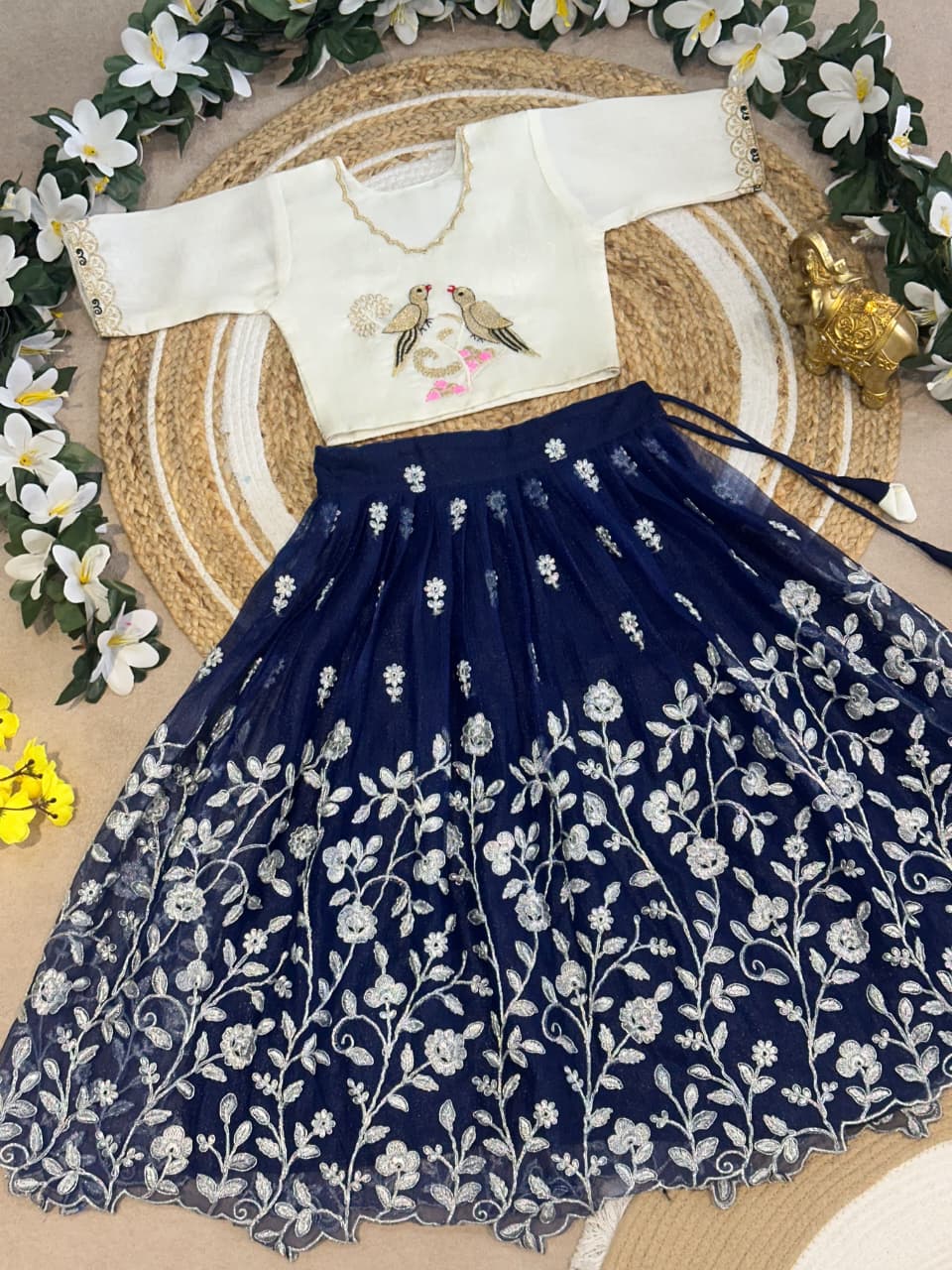 Navy Blue Pure Elegant Floral & Silky Thread Embroidery Work Kid&