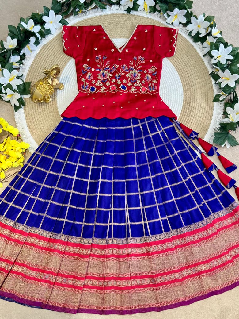 Red & Blue Pure Soft Silk with Zari Weaving Work Kid&