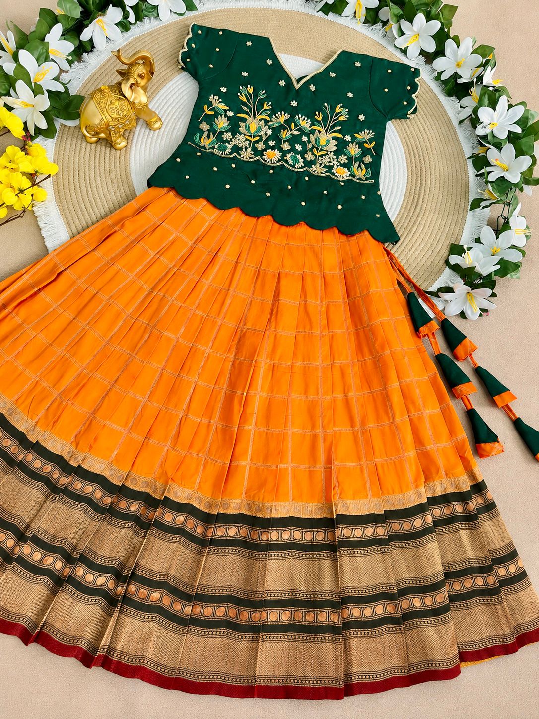 Green & Yellow Pure Soft Silk with Zari Weaving Work Kid&