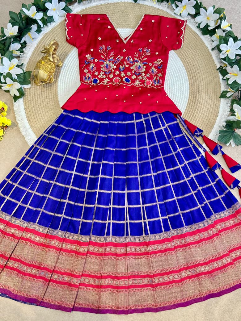 Red & Blue Pure Soft Silk with Zari Weaving Work Kid&