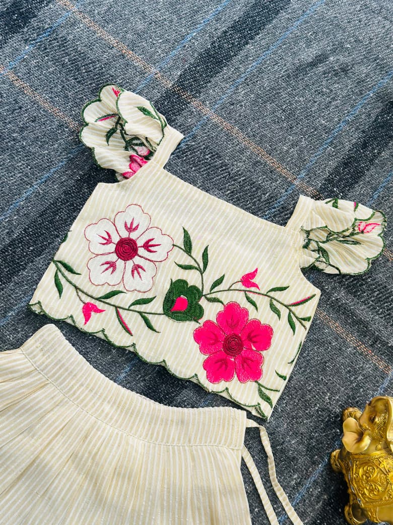 Off White Pure Soft Russian Silk Multi Embroidery Thread Work Kid&