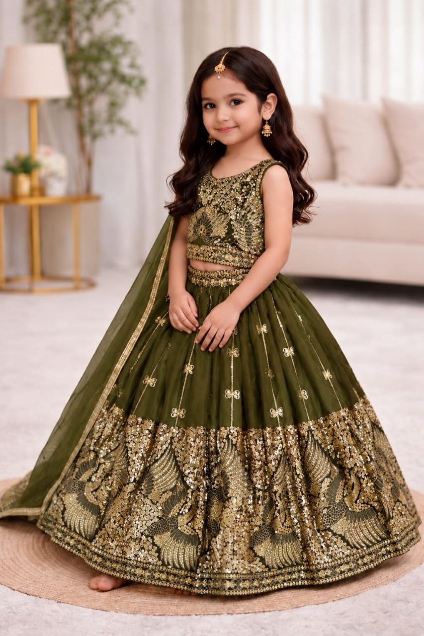 Mehandi Pure Soft Sindur Silk Sequins Embroidery Work Work Kid&
